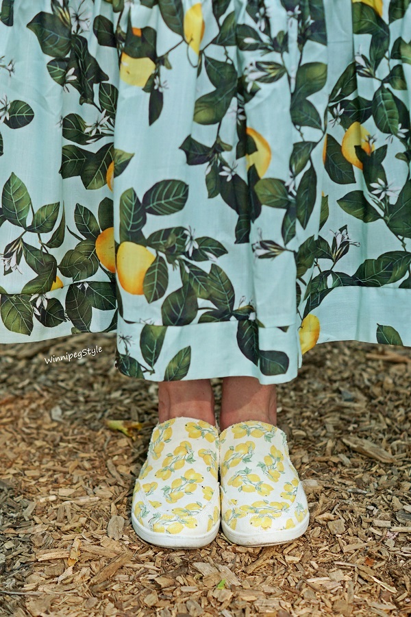 Winnipeg Style, Chicwish lemon print maxi dress, Vionic lemon print canvas sneakers